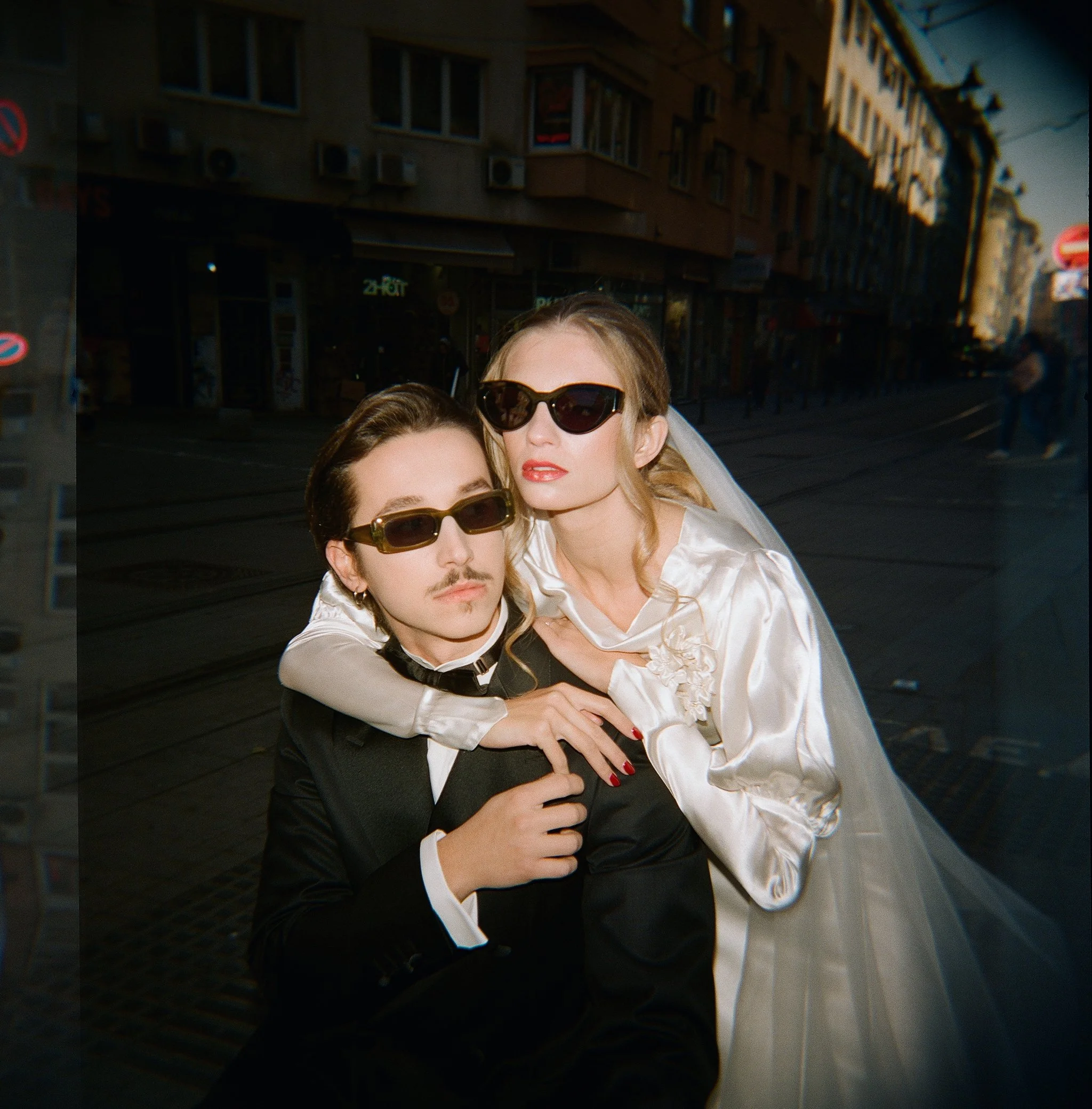 Bride and groom portrait on the street — film wedding photography, Los Angeles
