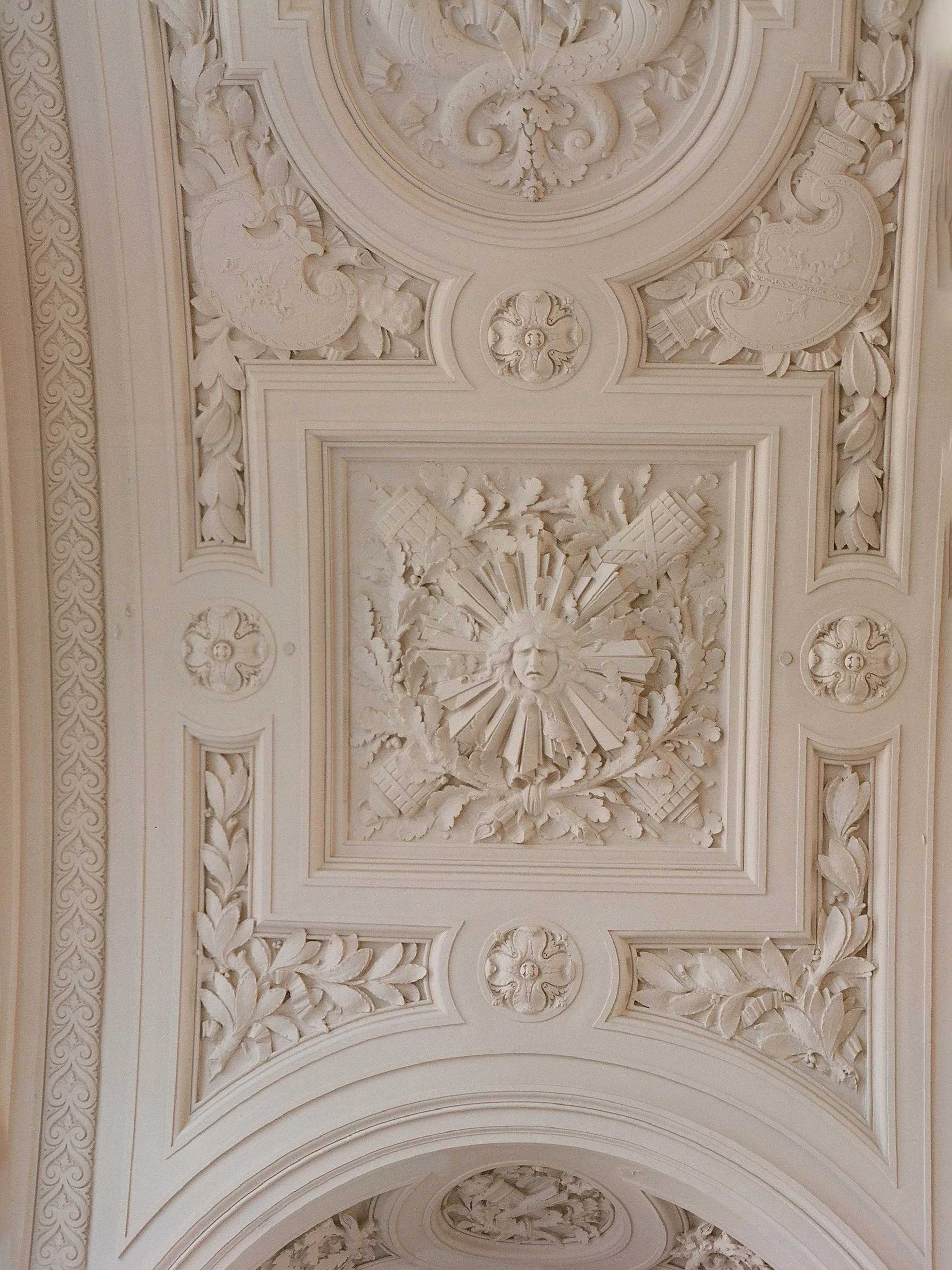 San Francisco City Hall ornate plaster ceiling detail with sun relief motif, film photography by Radostina Boseva