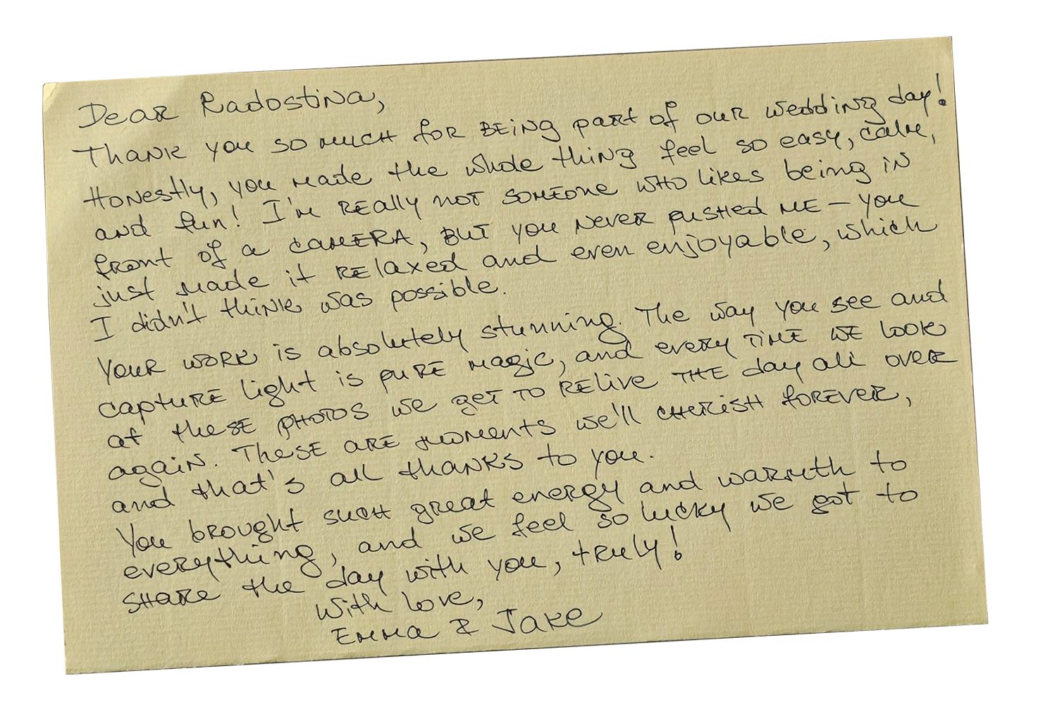 handwritten note and review from a bride and groom for radostina boseva photography