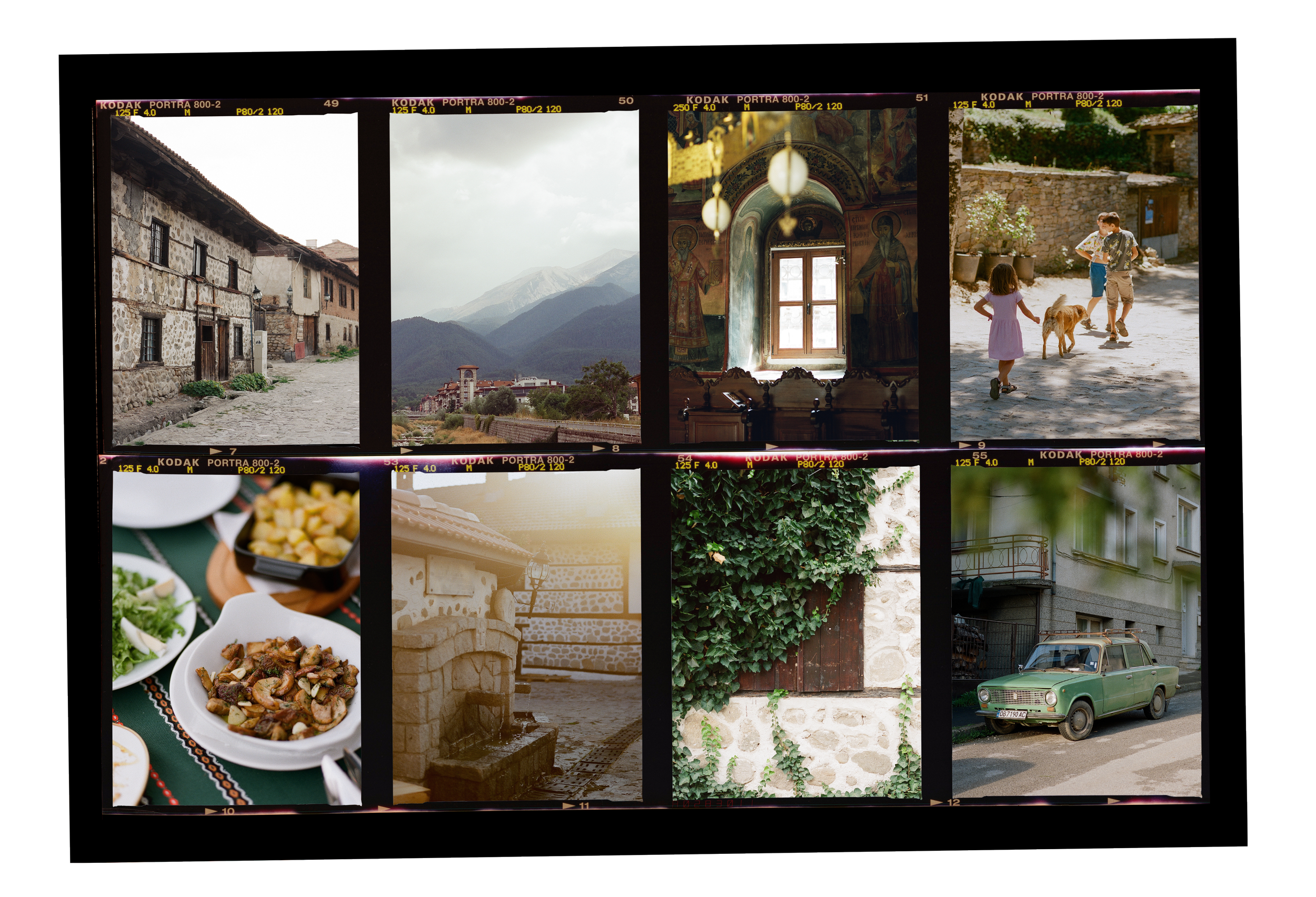 Contact sheet of medium format film photographs from Bulgaria by Radostina Boseva — cobblestone village streets, mountains, a monastery interior, children playing with a dog, and a table set for lunch.