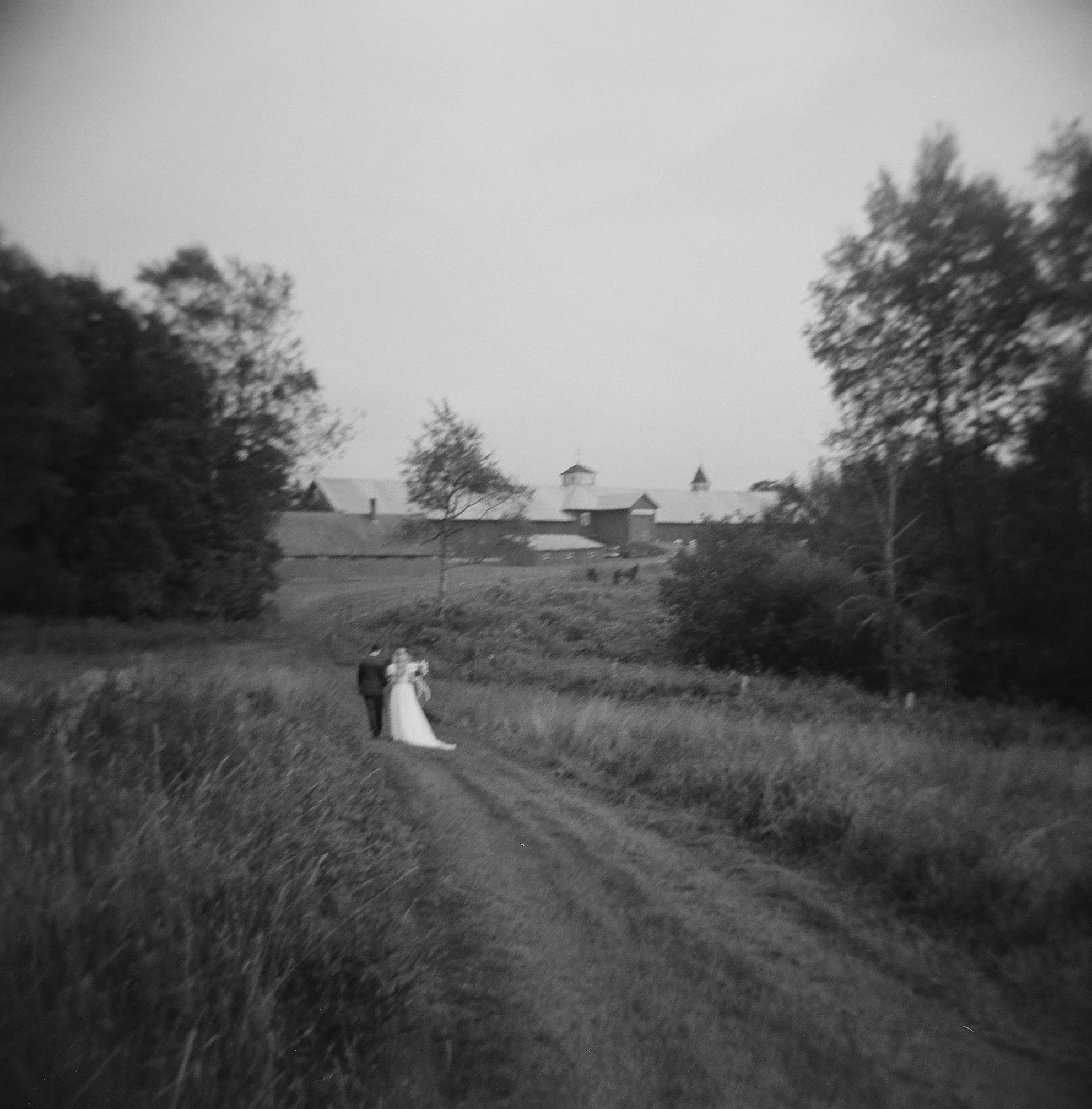 bride and groom walking along a dirt path through open meadow at dusk, big sur california — black and white film wedding photography by Radostina Boseva