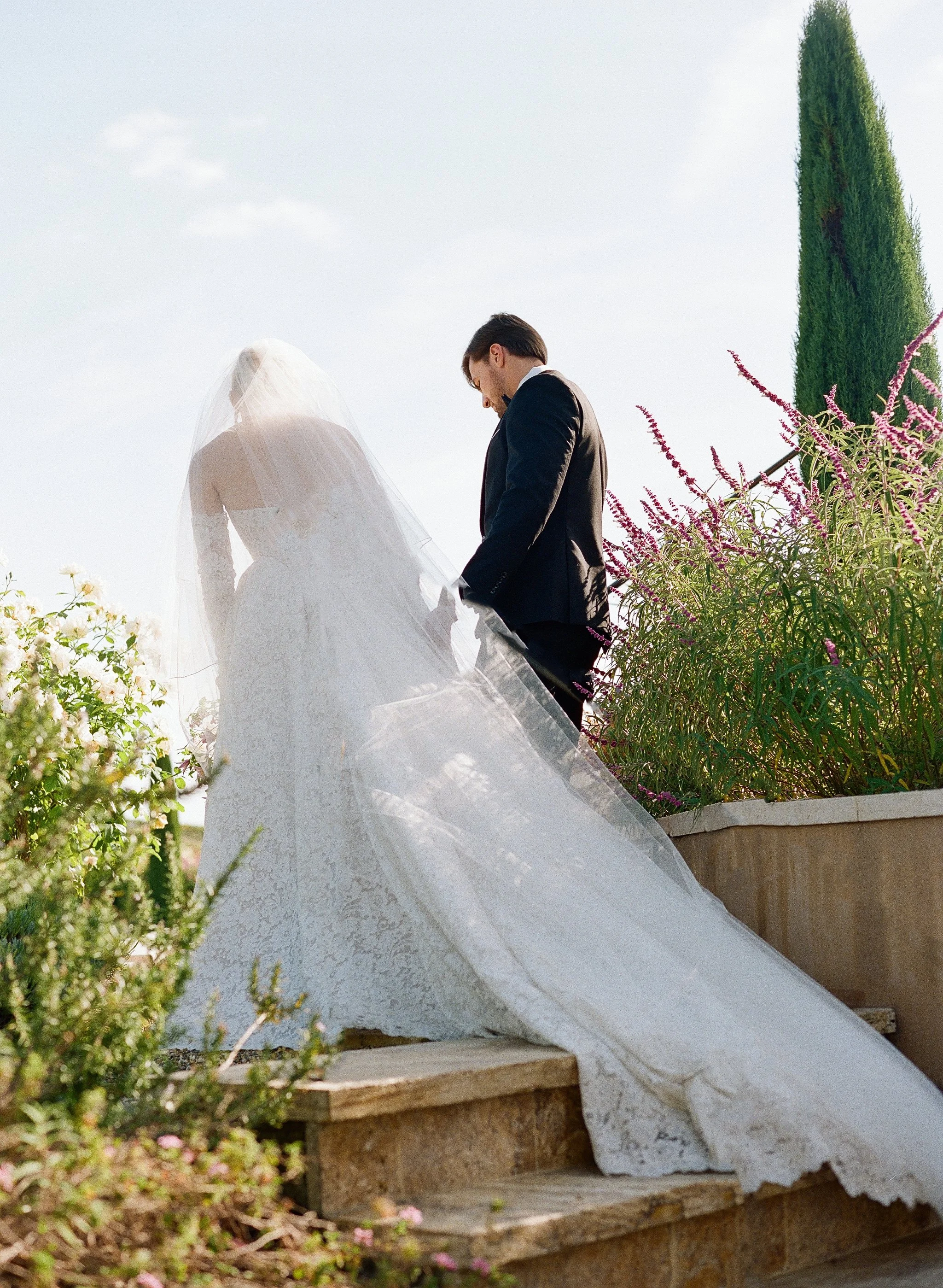 Bride and groom walking up stone steps surrounded by lavender and cypress trees — film wedding photography, San Francisco
