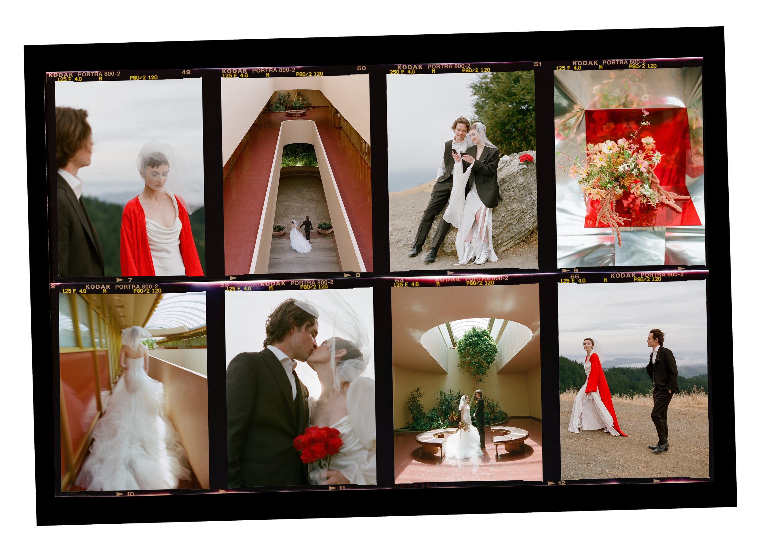 Kodak Portra 800 medium format contact sheet from a Marin County Civic Center elopement, film photography by Radostina Boseva