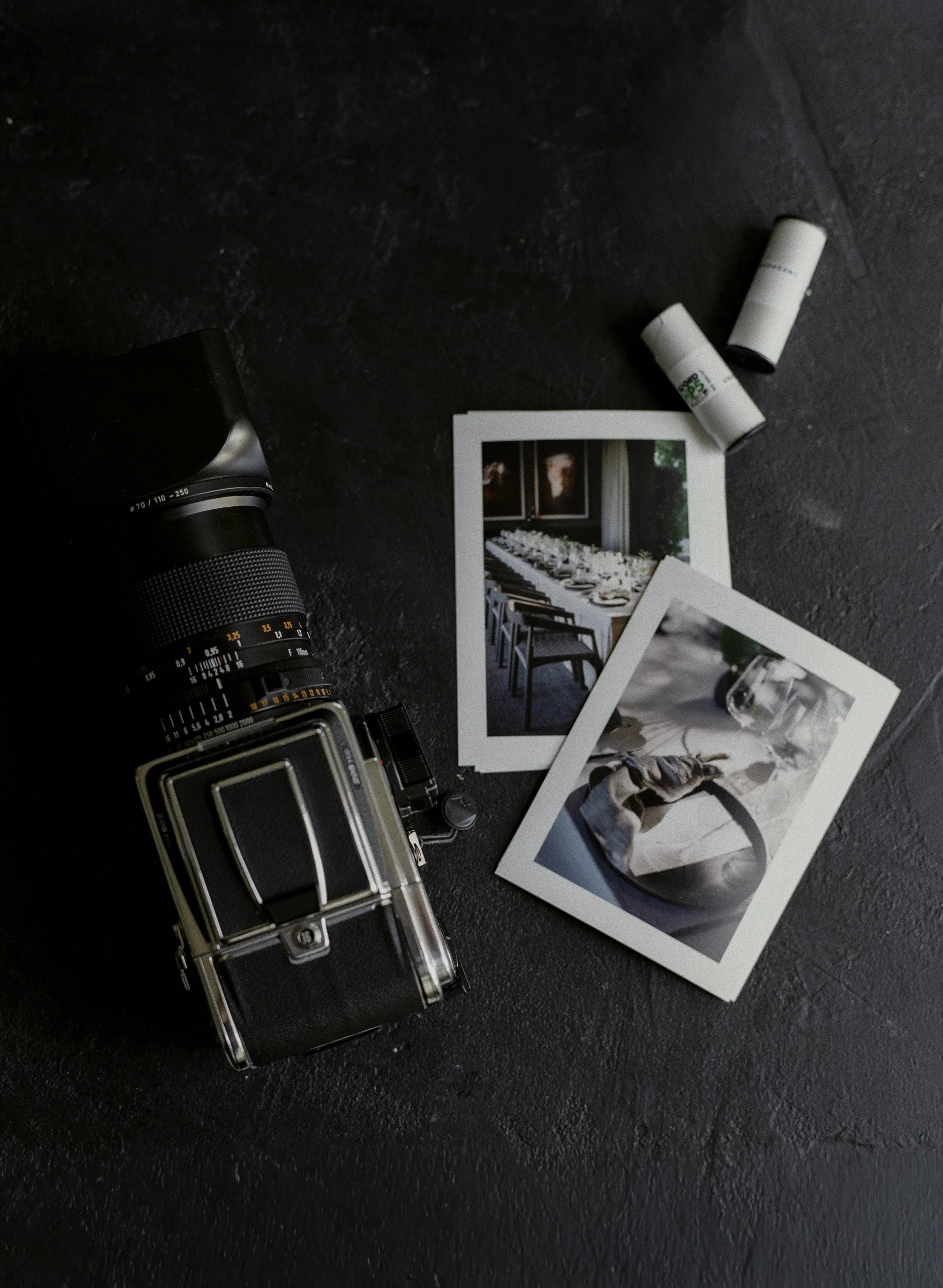 medium format film camera with printed contact prints from a wedding reception, editorial film photography by Radostina Boseva