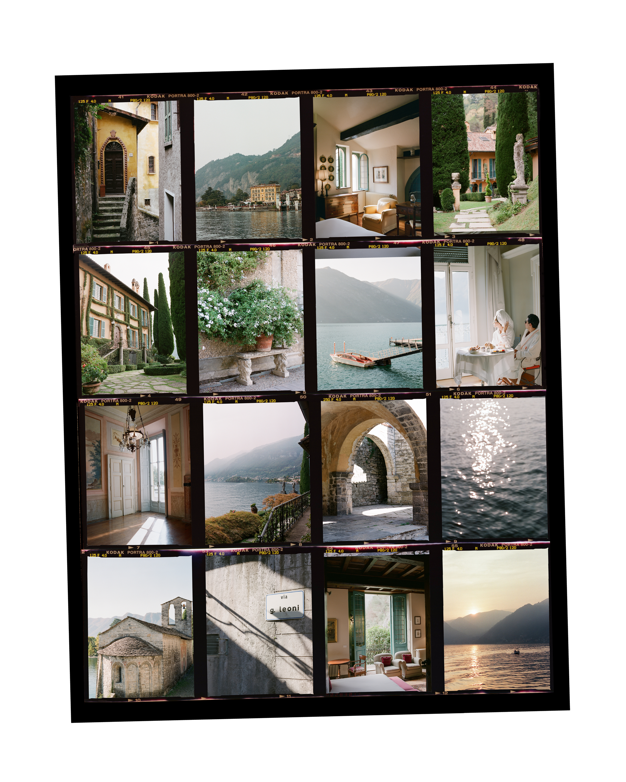 color contact sheet from a wedding at lake como, on medium format film.