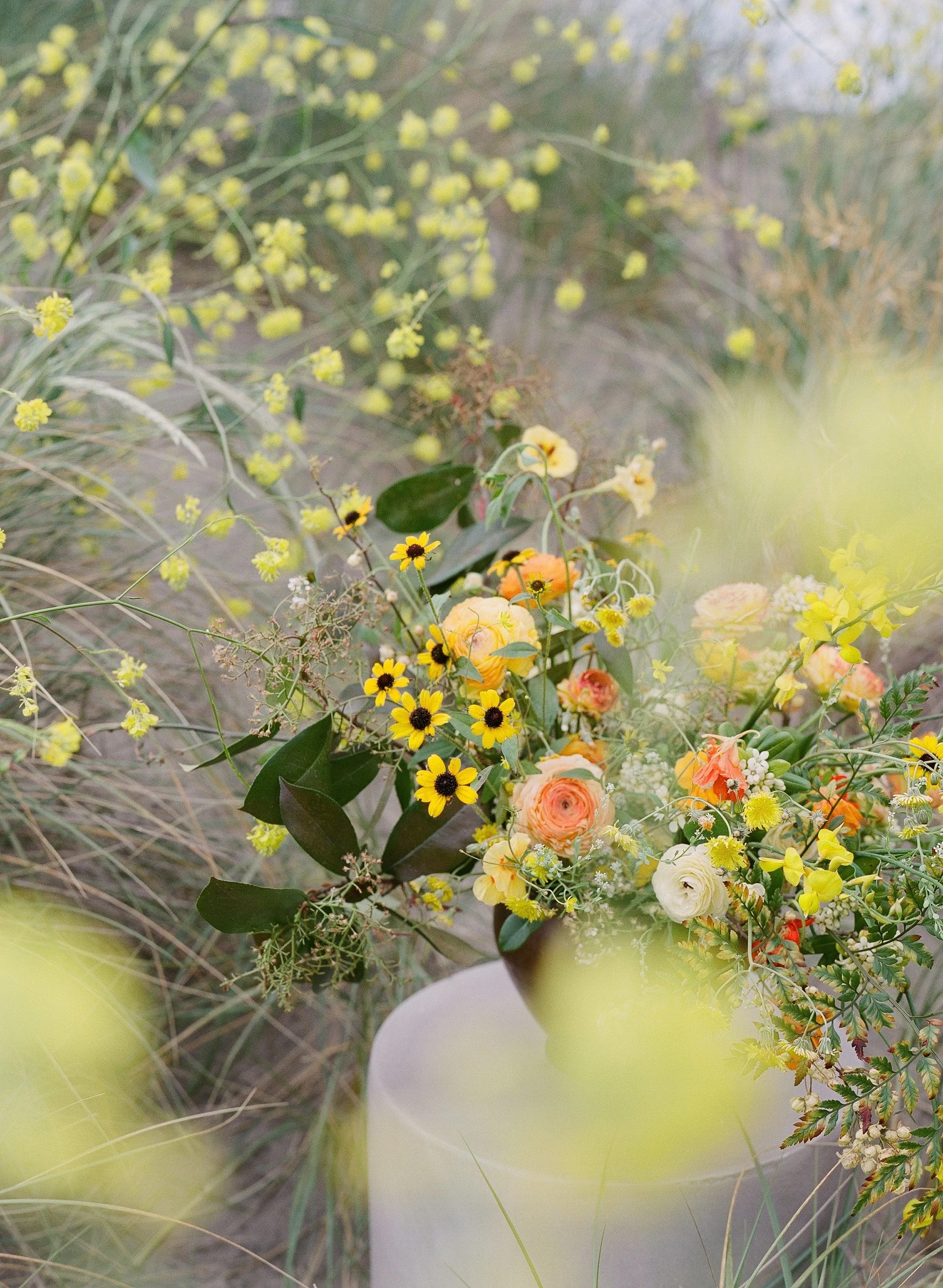 Close-up of bridal bouquet with wildflowers in natural light — film wedding photography, San Francisco