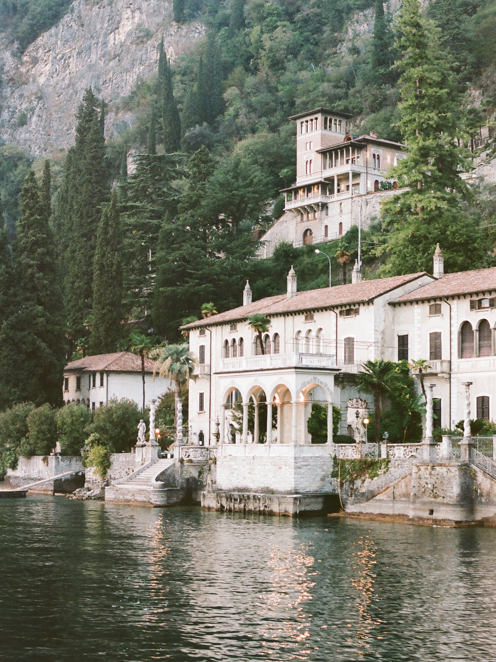 Lake Como villa and waterfront photographed on film, destination wedding photography in Italy