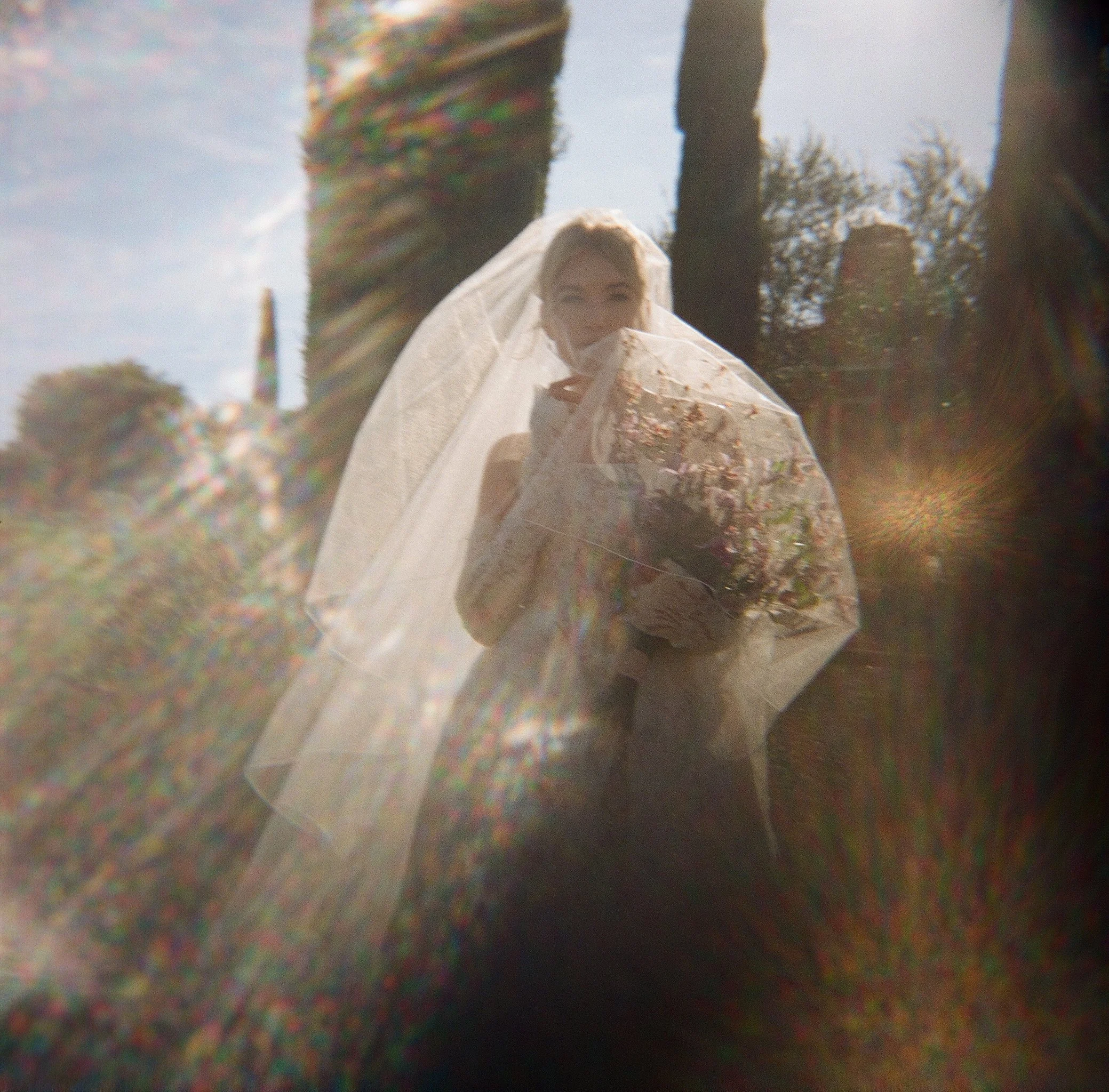 Bride standing among cypress trees at a Sonoma private estate, cathedral veil in backlight, shot on film by Radostina Boseva