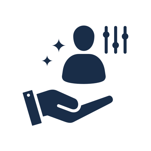 Icon of a hand holding a person with tools above the person, indicating care or service.