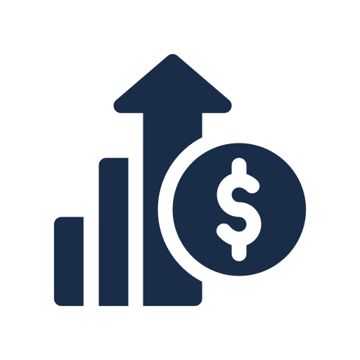 Graph with an upward arrow and a dollar sign, representing financial growth or increase.