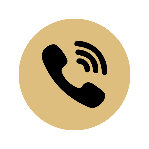 Phone receiver icon with signal waves on a beige circular background.