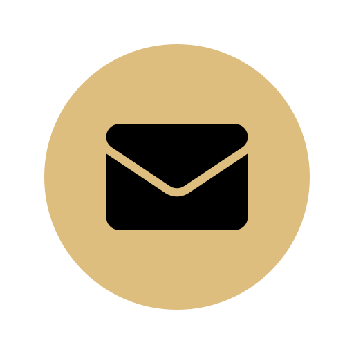 Icon of a black envelope with a flap on a gold circular background.