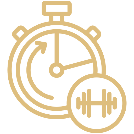 Icon of a stopwatch with a smaller icon of a barbell in front.