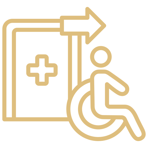Accessibility icon for medical or healthcare services, featuring a wheelchair symbol and an arrow pointing right.