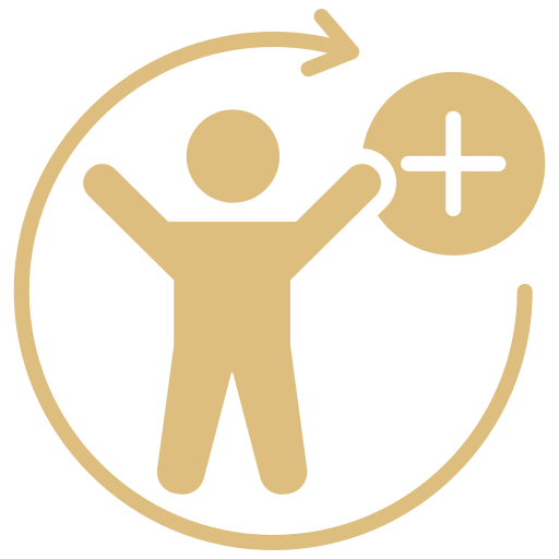 Icon of a person with arms raised, surrounded by a circular arrow, with a plus sign in a circle.