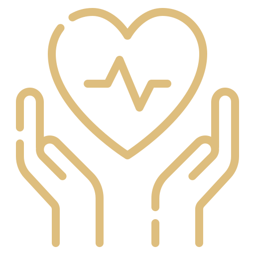 Outline of two hands holding a heart with a heartbeat line inside.