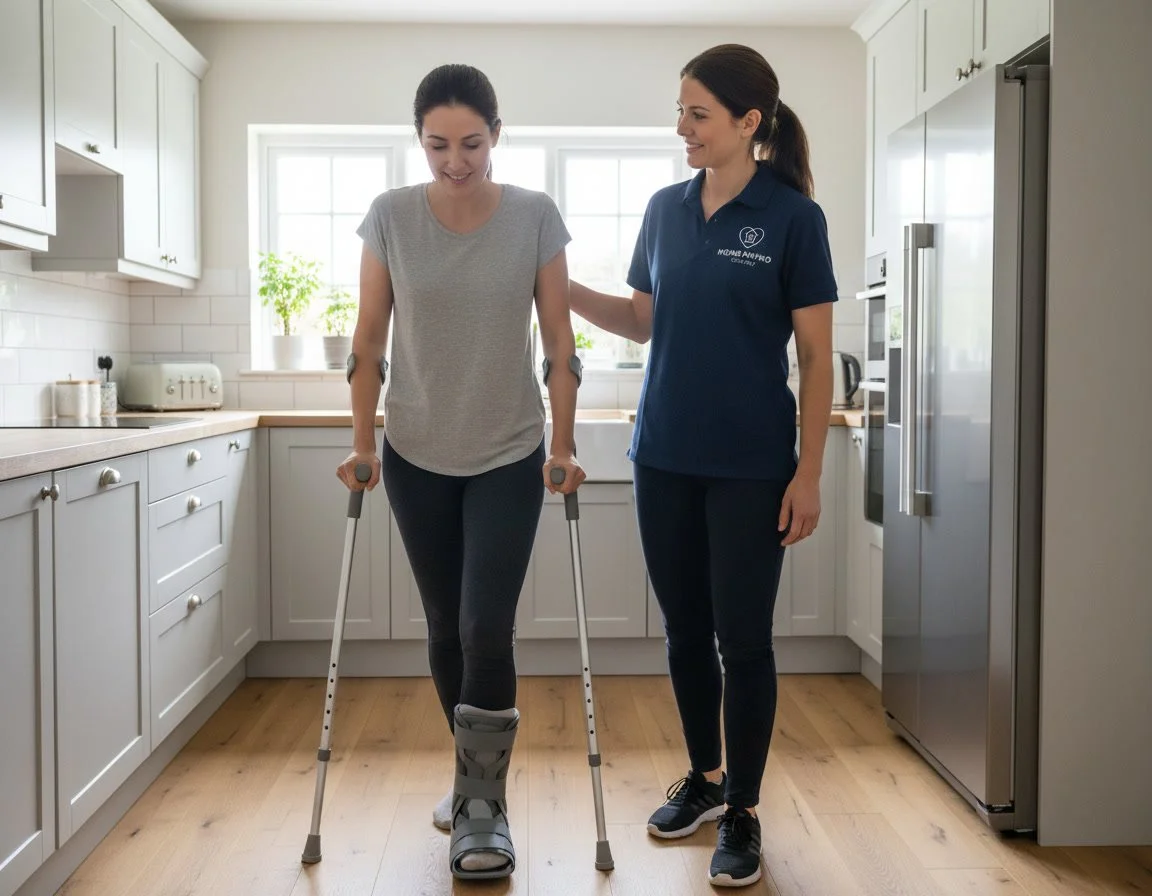 Physiotherapist supporting woman with air cast boot and crutches to walk in her kitchen