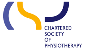 Logo of the Chartered Society of Physiotherapy with abstract blue and yellow shapes.