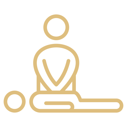 Outline of a person sitting in a meditative pose with legs crossed, arms resting on knees, and a small circle to the left.