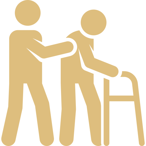 Icon of one person helping another elderly person with a walker.