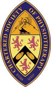 Logo of the Chartered Society of Physiotherapy featuring a crest with lions, hands, a lightning bolt, and the text "Digna Sequi."