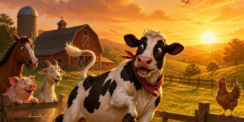 Cow on a farm with other animals excited to be changing directions