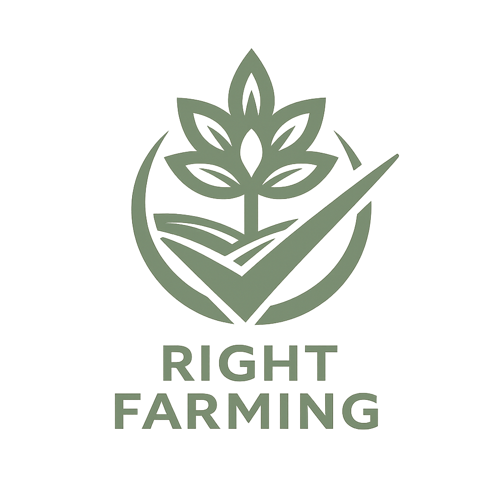 A logo featuring a stylized plant with multiple leaves inside a circle, with a checkmark crossing through the plant, and the words "RIGHT FARMING" beneath it.