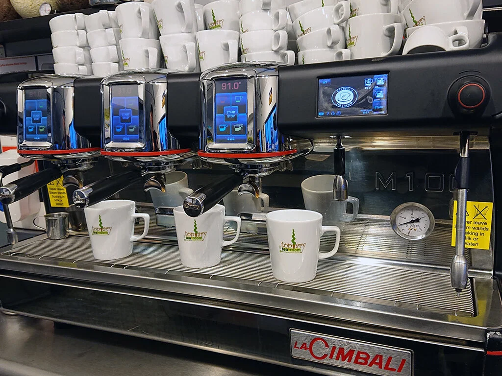 Coffee machine and mugs at the Topiary Tearoom, Hollybeck Garden Centre, Southwell