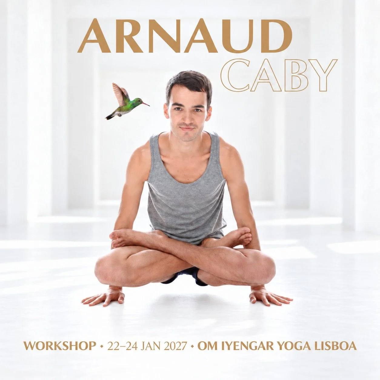 Cartaz do workshop de Iyengar Yoga com Arnaud Caby, 22 a 24 de janeiro de 2027, no Om Iyengar Yoga Lisboa
