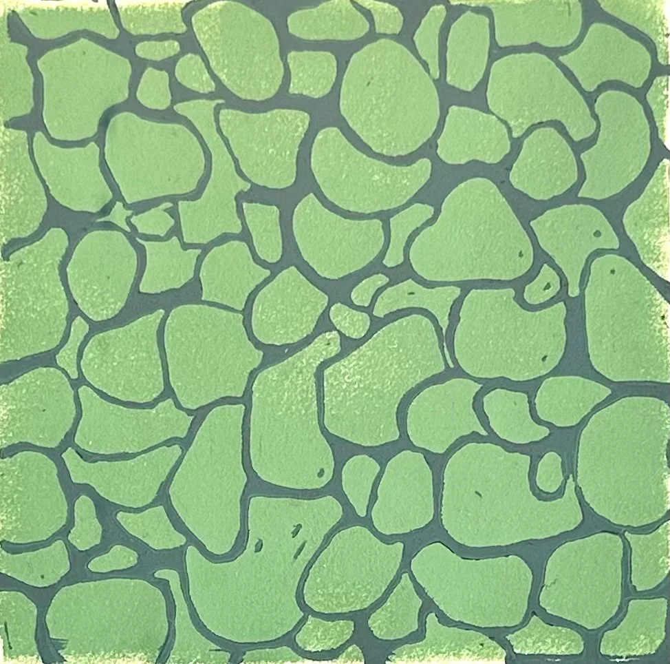 River Rocks II. Linocut, 6" x 6"