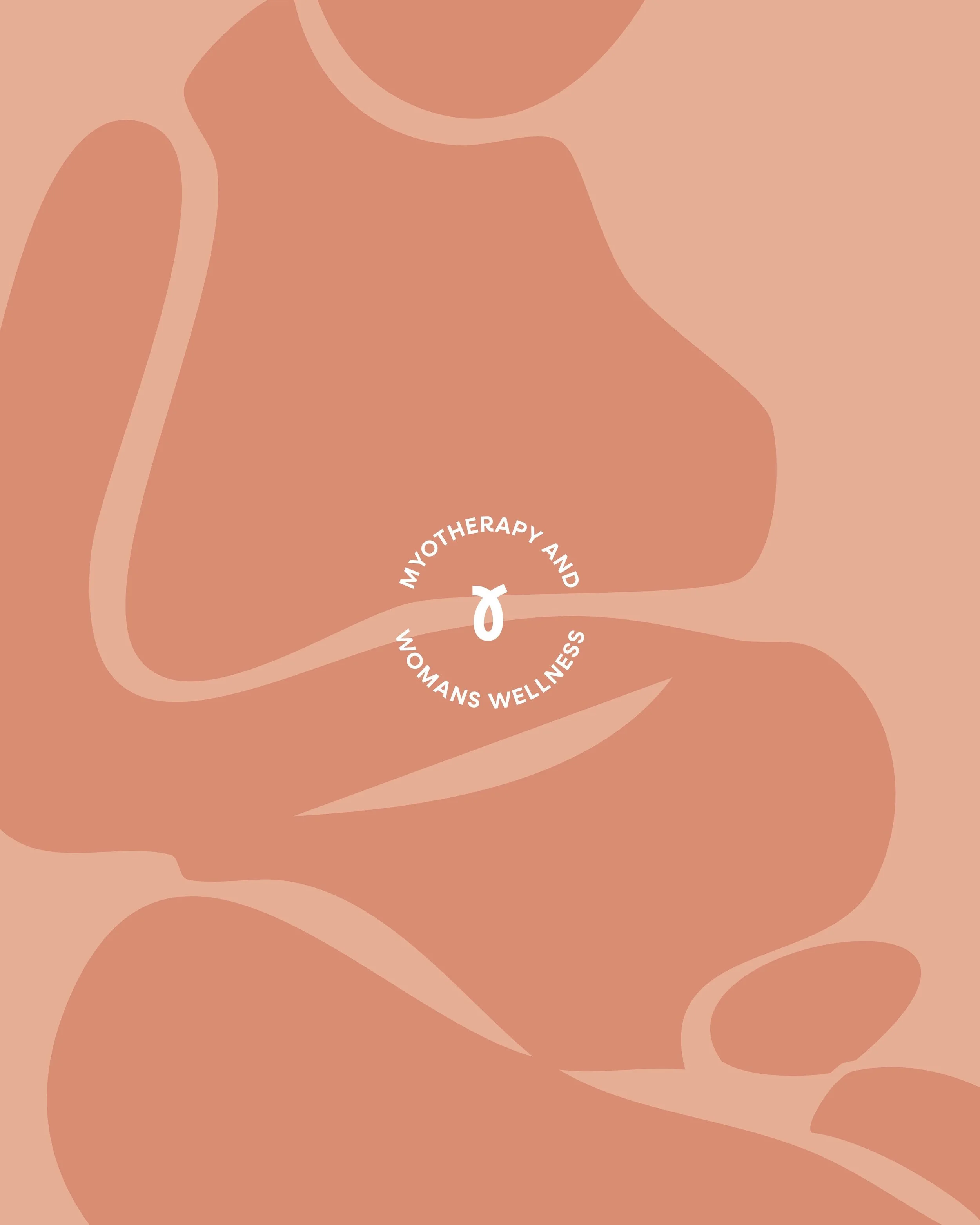 Abstract illustration with soft pink and brown shapes, centered with a logo and text that says 'Myotherapy and Woman's Wellness'.