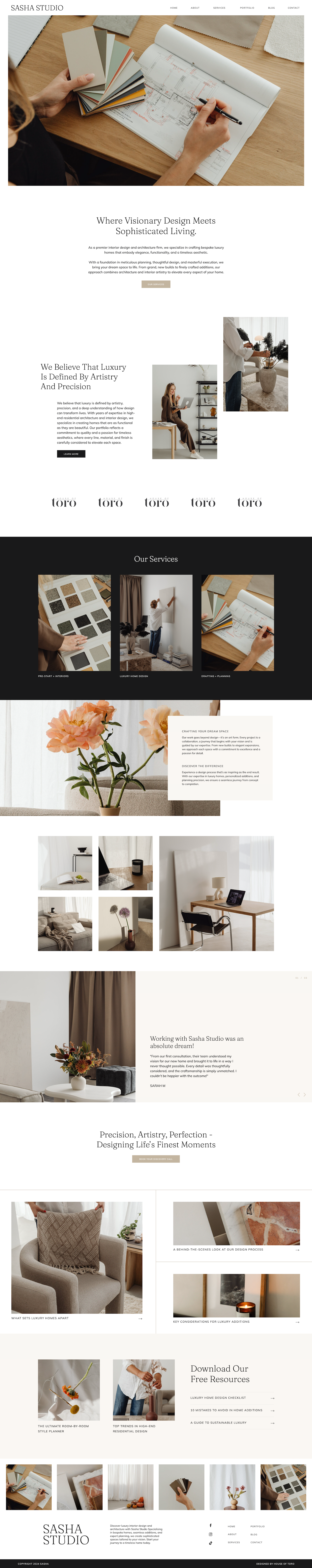 A website homepage for Sasha Studio featuring interior design and decorating services. The page includes images of color swatches, interior spaces, flowers, and design tools.