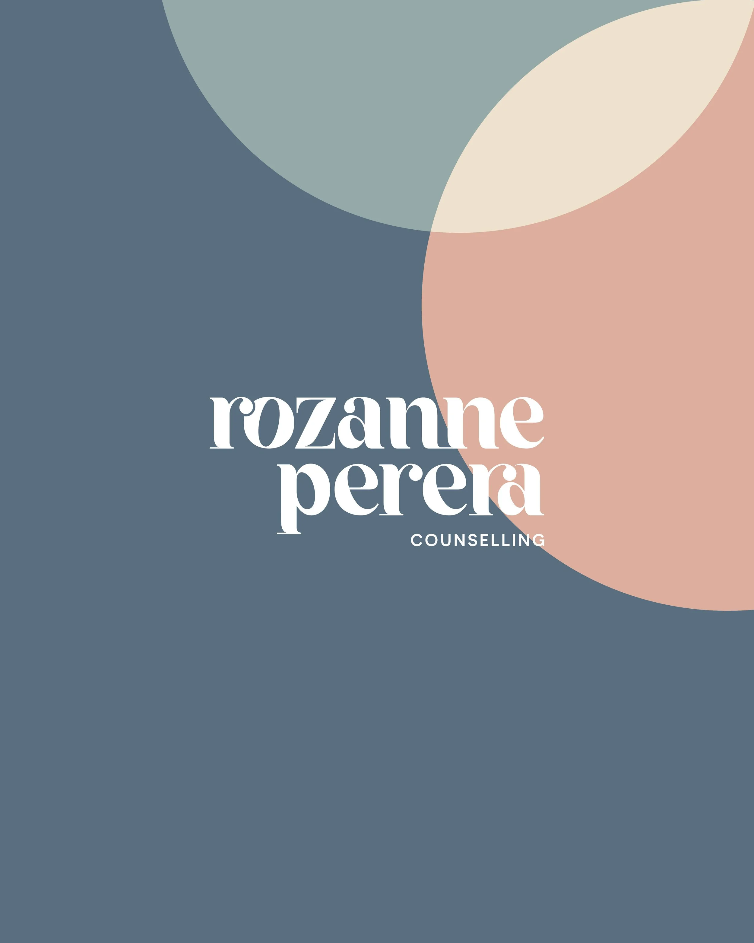 A graphic design with overlapping colored circles in muted shades of blue, beige, and pink. The text 'rozanne perera' in large white stylized font and 'COUNSELLING' in smaller white font underneath.