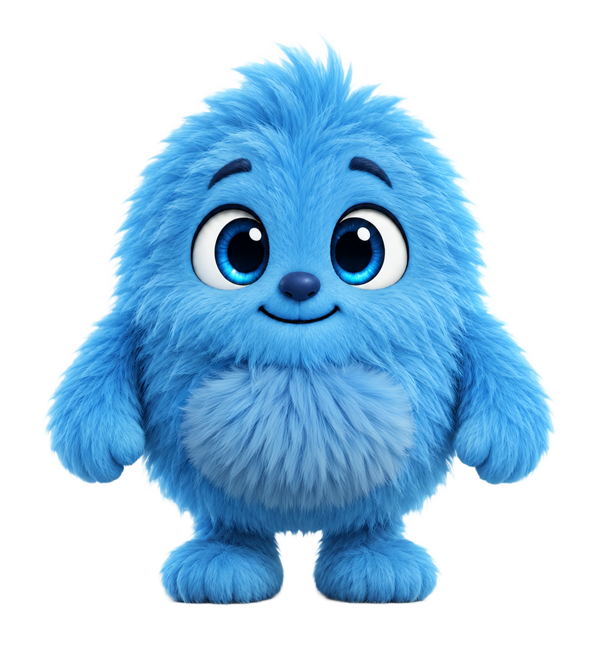 Felix, your personal cute blue furry social assistant with large blue eyes and a friendly smile