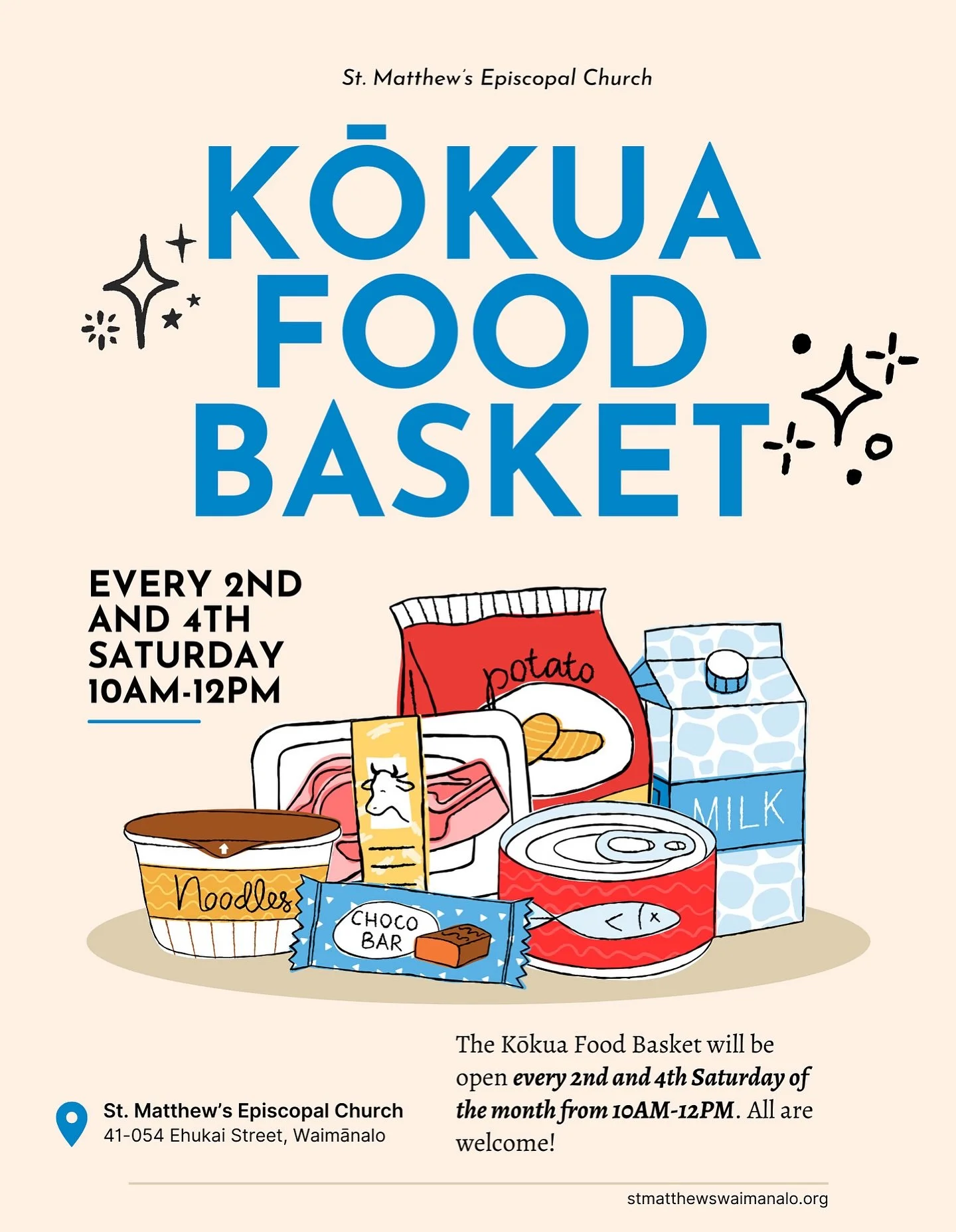 November 8th, 2025 from 10-12. Every 2nd &amp; 4th Saturday of the month from 10AM to 12PM, St. Matthew&rsquo;s Episcopal Church hosts it&rsquo;s Kōkua Food Basket.

Located on: 41-054 ʻEhukai St. (A block from the McDonald&rsquo;s in Waimānalo).

Al