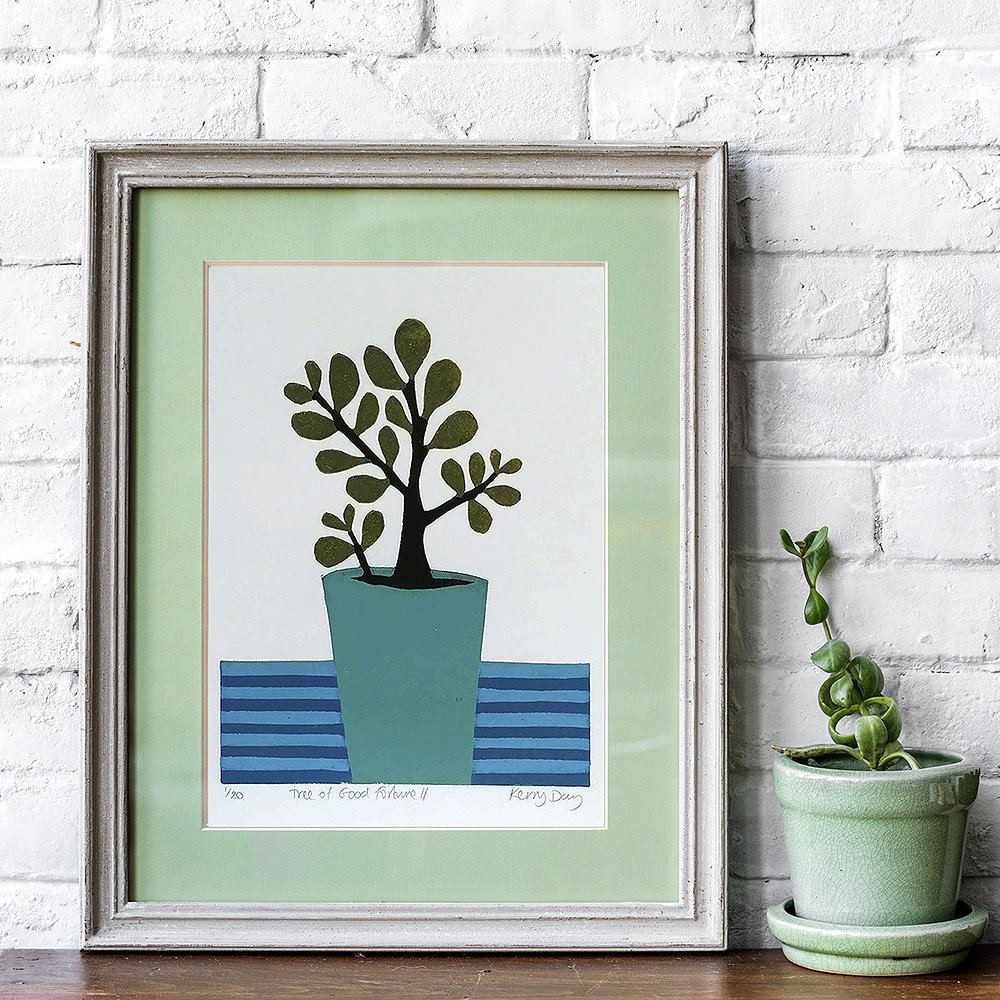 Kerry Day Arts Tree of Good Fortune Reduction Lino Print Blue Cyan Stripy Version In a Frame 3.jpg