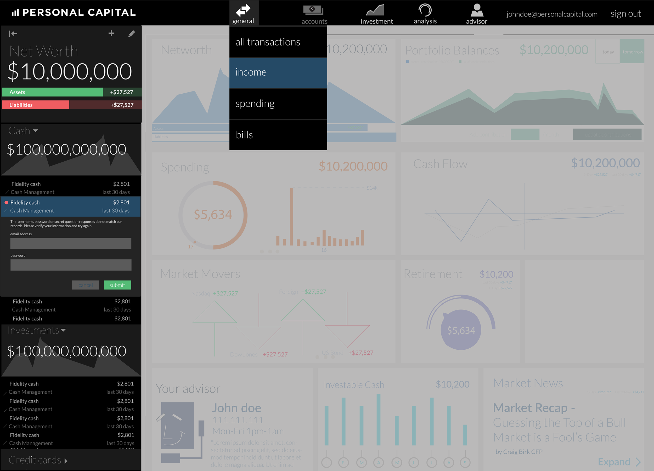 Dashboard Dock open- "Drop down and edit/add account modal"
