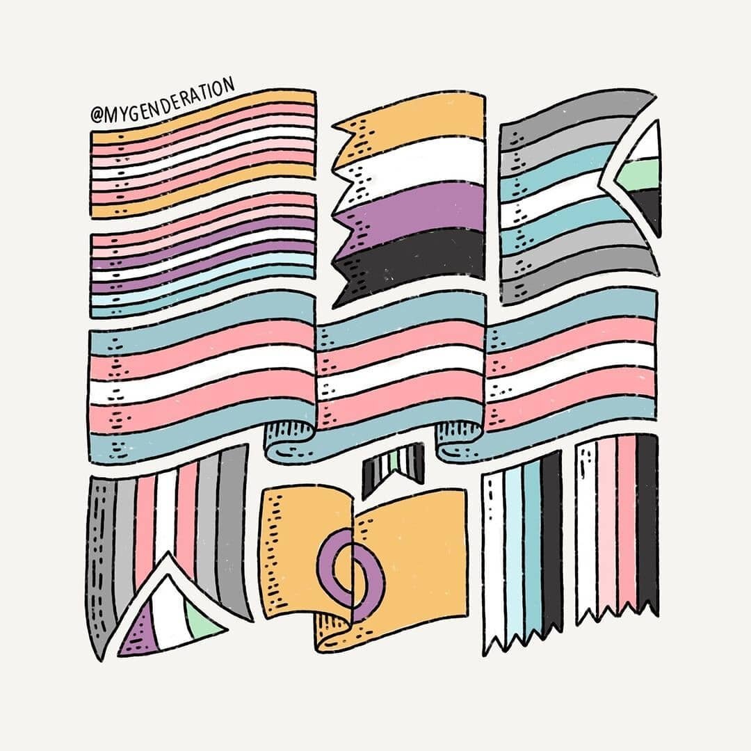Reposted from @mygenderation 
🏳️&zwj;🌈🏳️&zwj;⚧️Can you name all these flags? 💜

ID: Graphic by @mrleomateusart for #mygenderation of various queer flags

Do you like our content and can you help us to continue to make more trans content by suppor