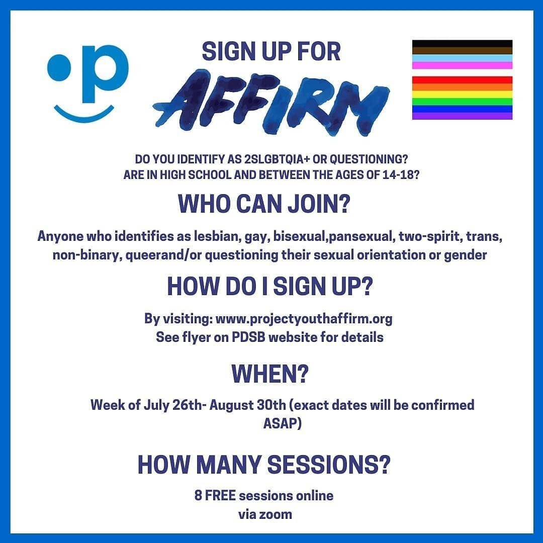 Reposted from @peelschools:

#PeelFam! Sign up for AFFIRM, a virtual 8-session counselling group offered to PDSB students who identify as 2SLGBTQIA+ or questioning their sexual orientation or gender. Sessions begin the week of July 26.

For more deta