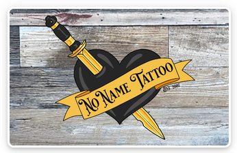 A photo of No Name Tattoo giftcard featuring the logo in the center of the card with a antique wood background that matches the in studio decor