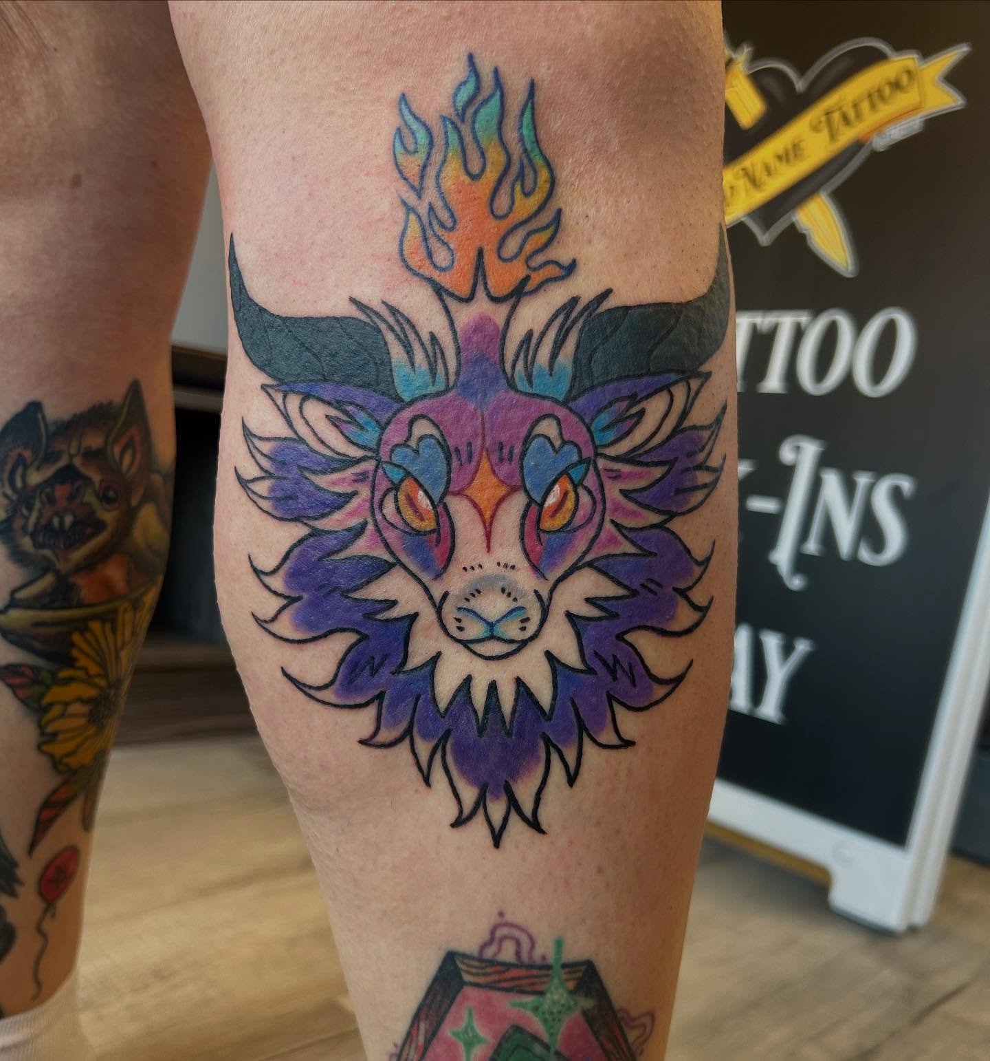 Fun colorful baphomet for @roxyrenze thank you again for letting me blast your shin!! you&rsquo;re the absolute best 🖤🖤