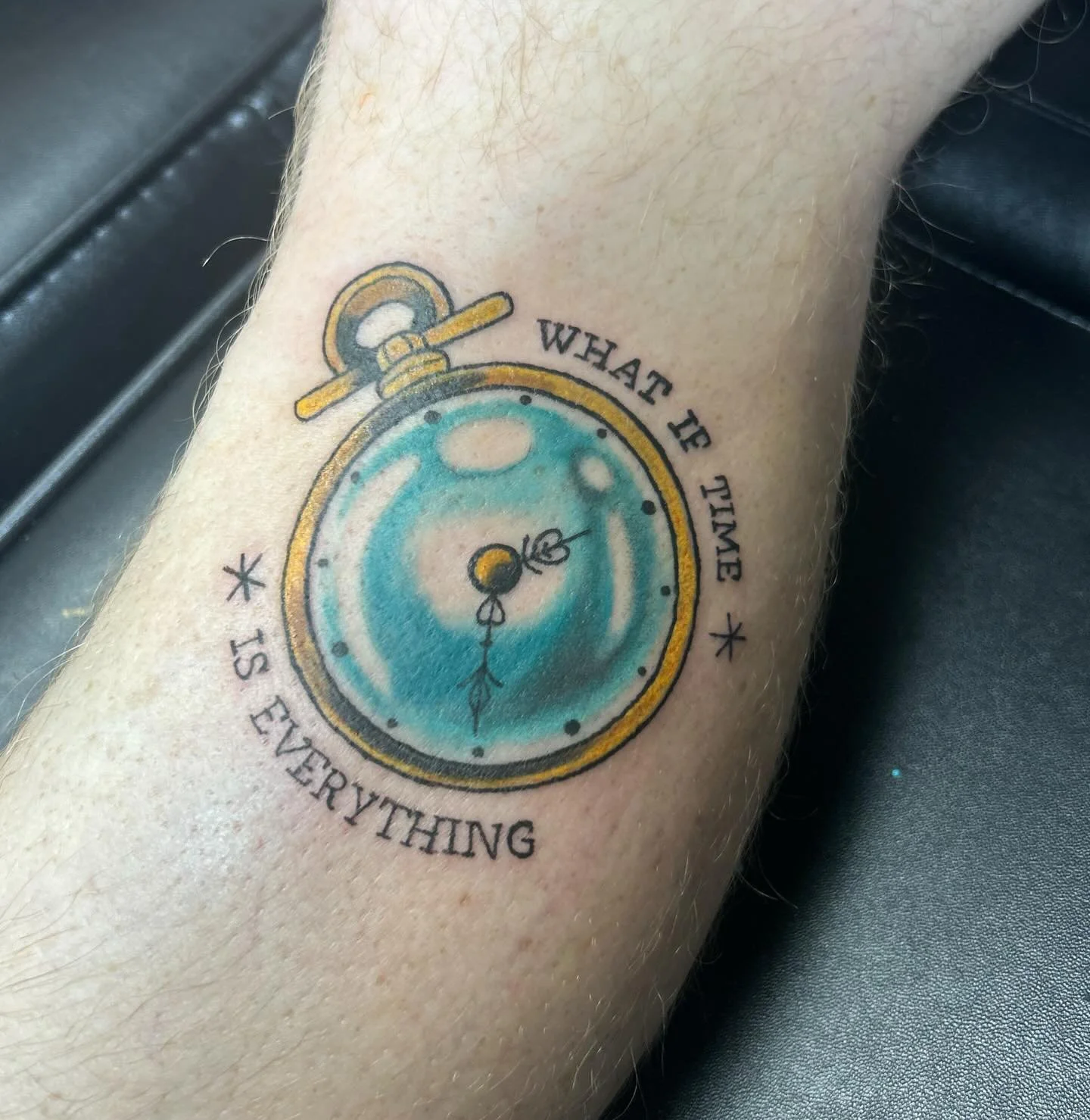 Simple trad clock with some song lyrics!! &hearts; thank you again!! #tradtattoos #queertattooartist #mitattooartist