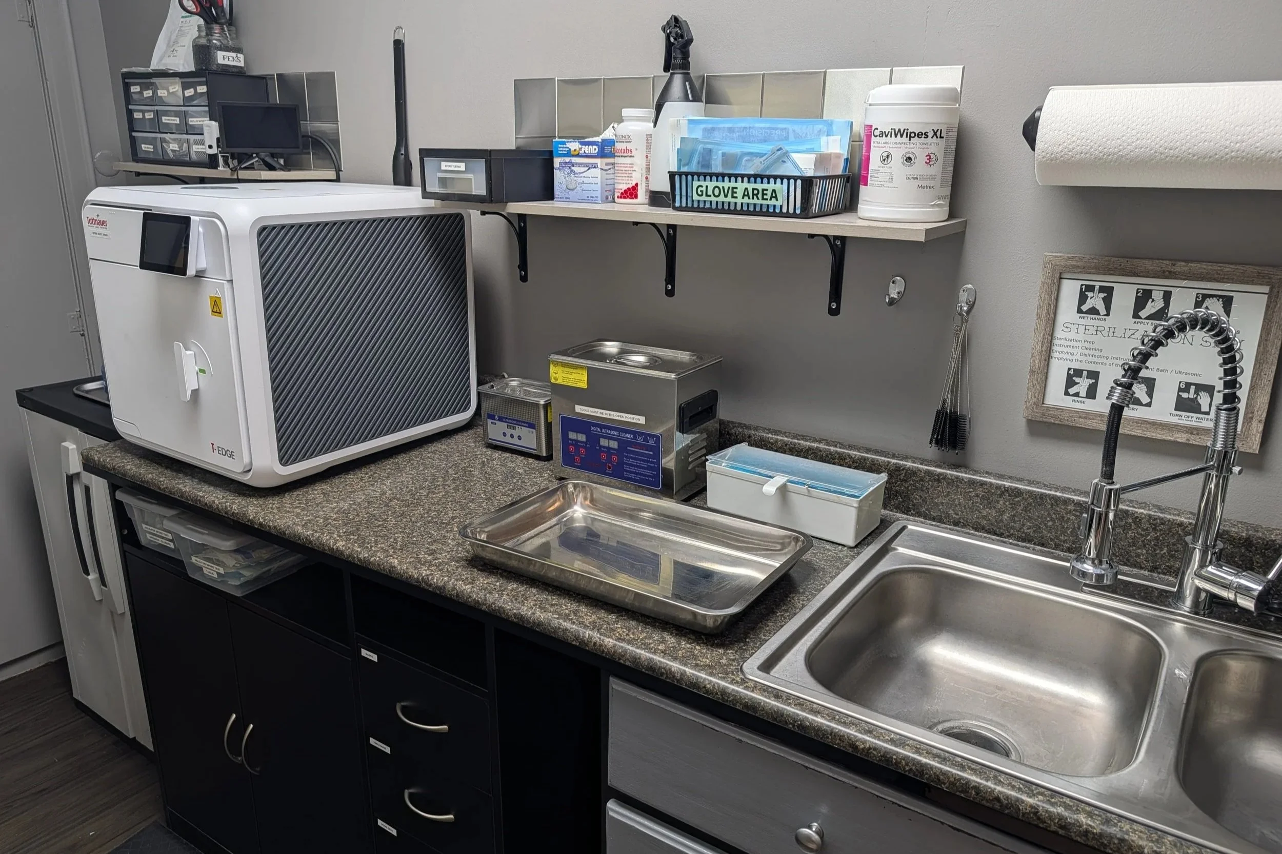 A sterile medical or laboratory supply room with a stainless steel sink, a countertop with medical equipment, disinfectant supplies, and a shelving unit holding gloves, disinfectants, and other supplies. Differentially includes a sterilization sign and cleaning instructions.