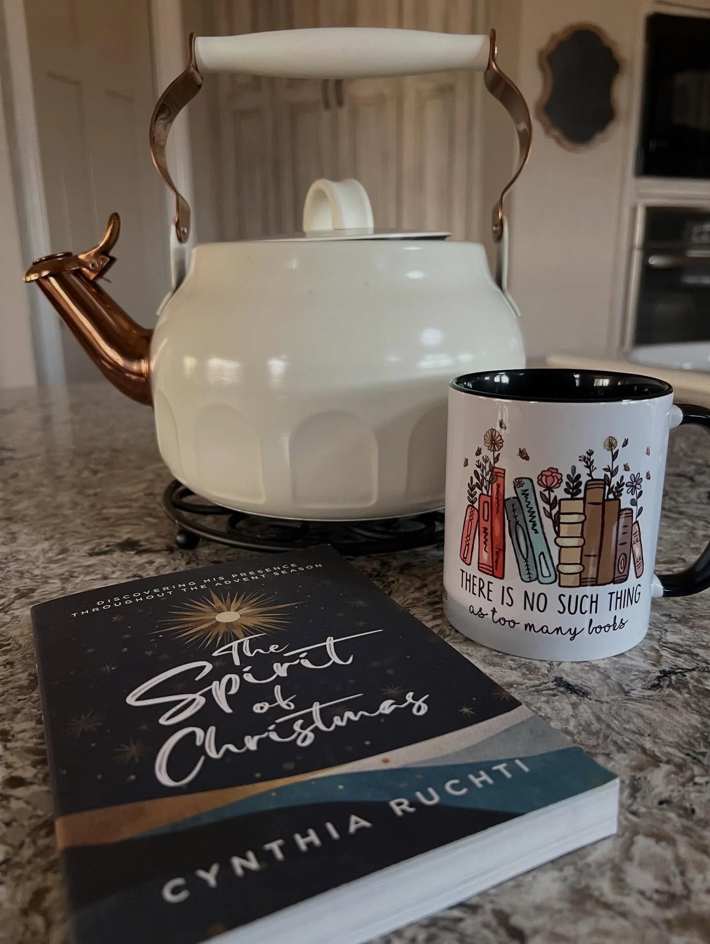 It&rsquo;s tea time. Fairly new cup. New teapot. New book by Cynthia Ruchti that I&rsquo;ll begin after Thanksgiving to prepare my heart for Christmas. Get yourself a copy. Then get your friend a copy. #newbooks #newteapot #christmas #