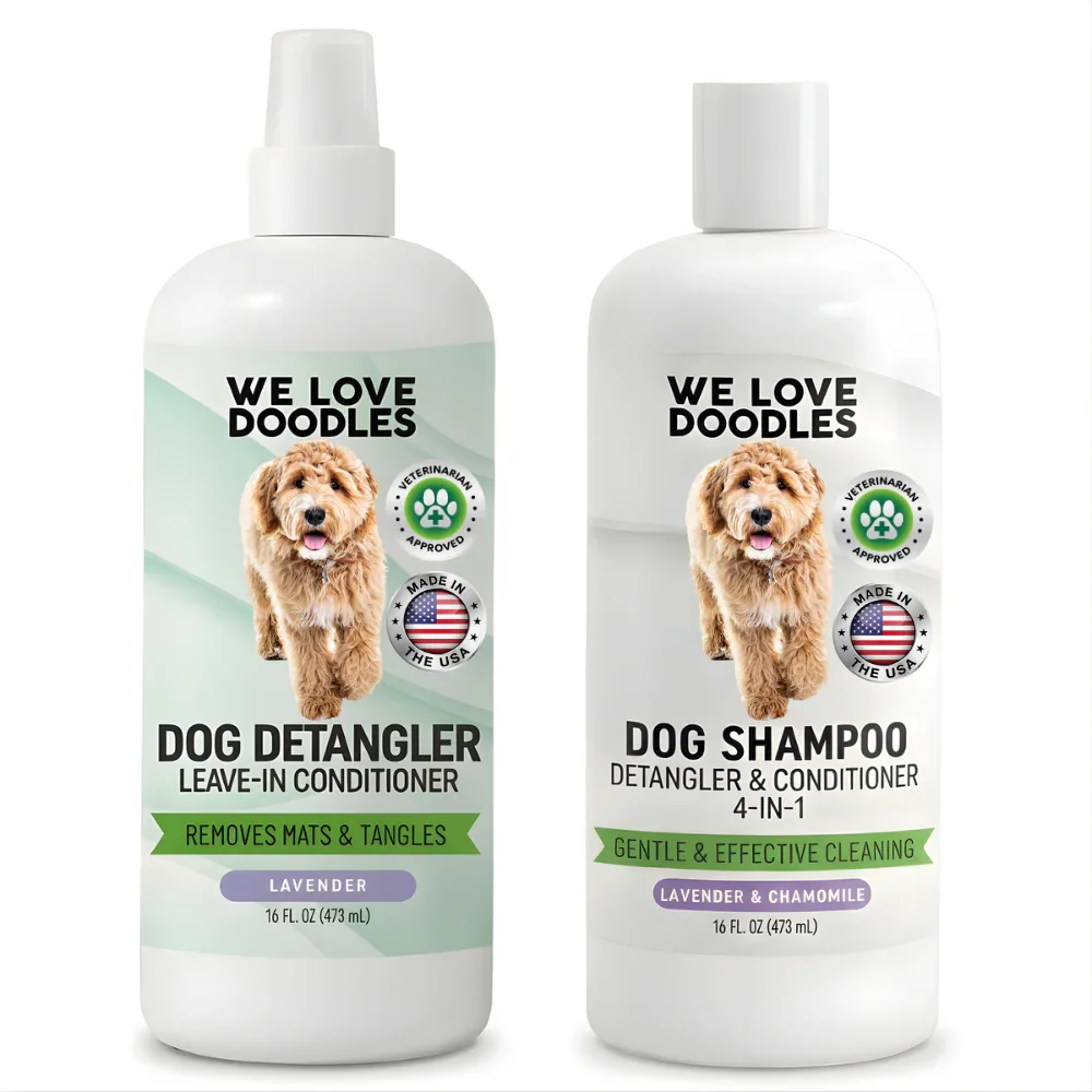 Two bottles of dog grooming products from We Love Doodles, one labeled Dog Detangler Leave-In Conditioner and the other Dog Shampoo Detangler & Conditioner, with a picture of a golden doodle, and labels indicating they are veterinarian approved and made in the USA.