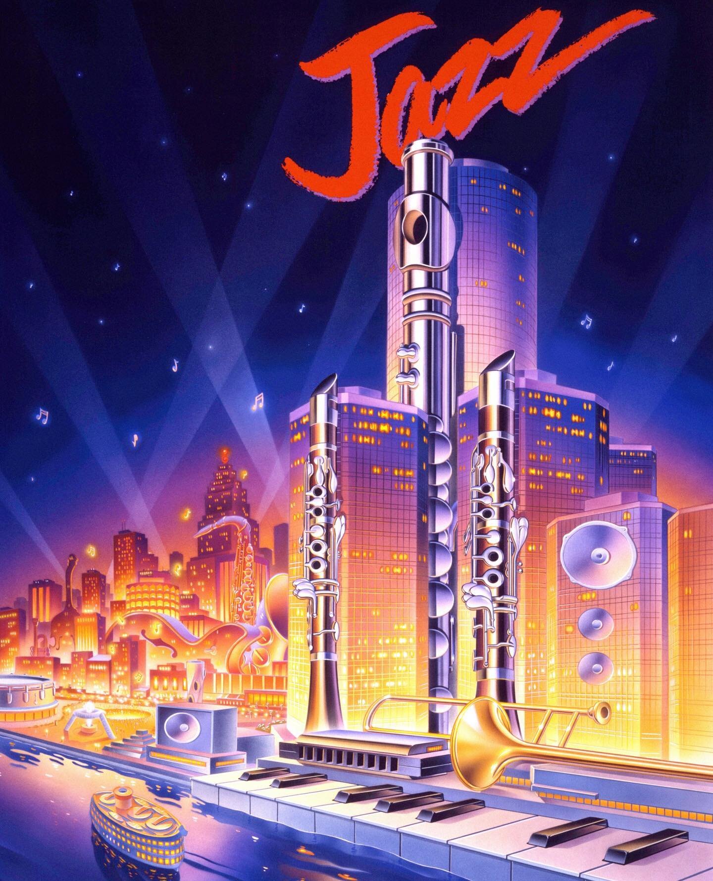 The famed @montreuxjazzfestival kicks off at the end of this week, so we thought we'd shared the Detroit skyline all jazzed up in the iconic 1983 poster for the Montreux/Detroit jazz festival.⁠
⁠
Illustration by Gary Ciccarelli⁠
⁠
follow for more @yo