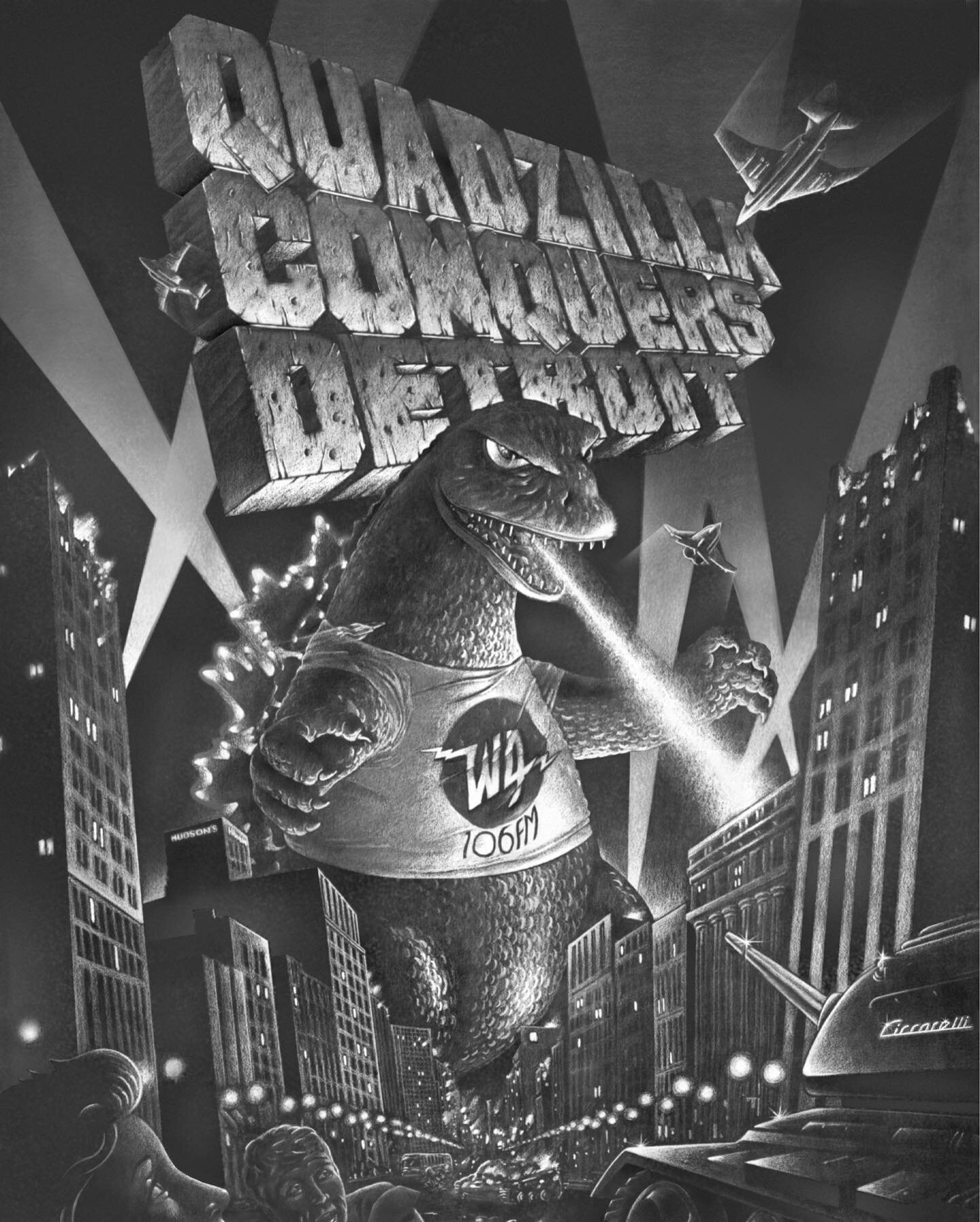 1975 was the year Quadzilla conquered Detroit in this iconic illustration from Ciccarelli for a Detroit radio station to announce that it just went fully quadrophonic (aka surround sound). ⁠
⁠
Illustration by Gary Ciccarelli⁠
follow for more @yourill