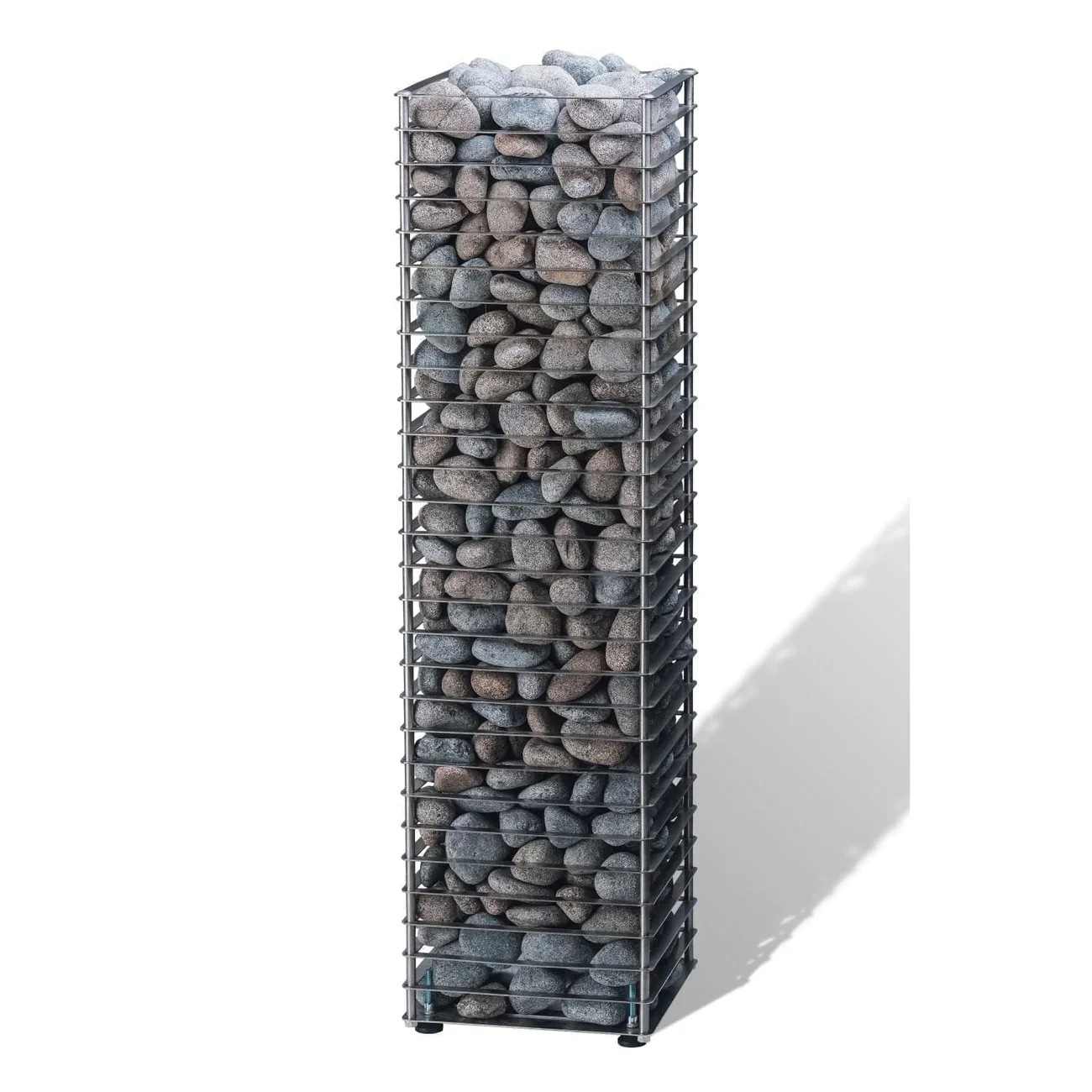 A tall, black metal wire-frame storage rack filled with gray and brown smooth rounded stones. The rack is standing on a white surface, casting a shadow to the right.