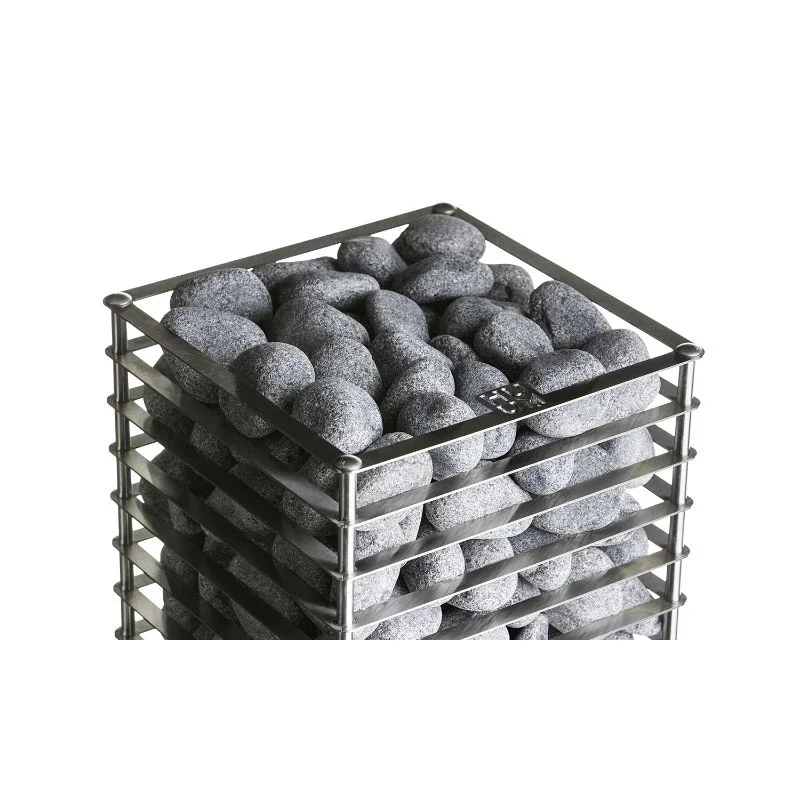 A metal rack filled with smooth black and gray stones, often used in sauna heaters.