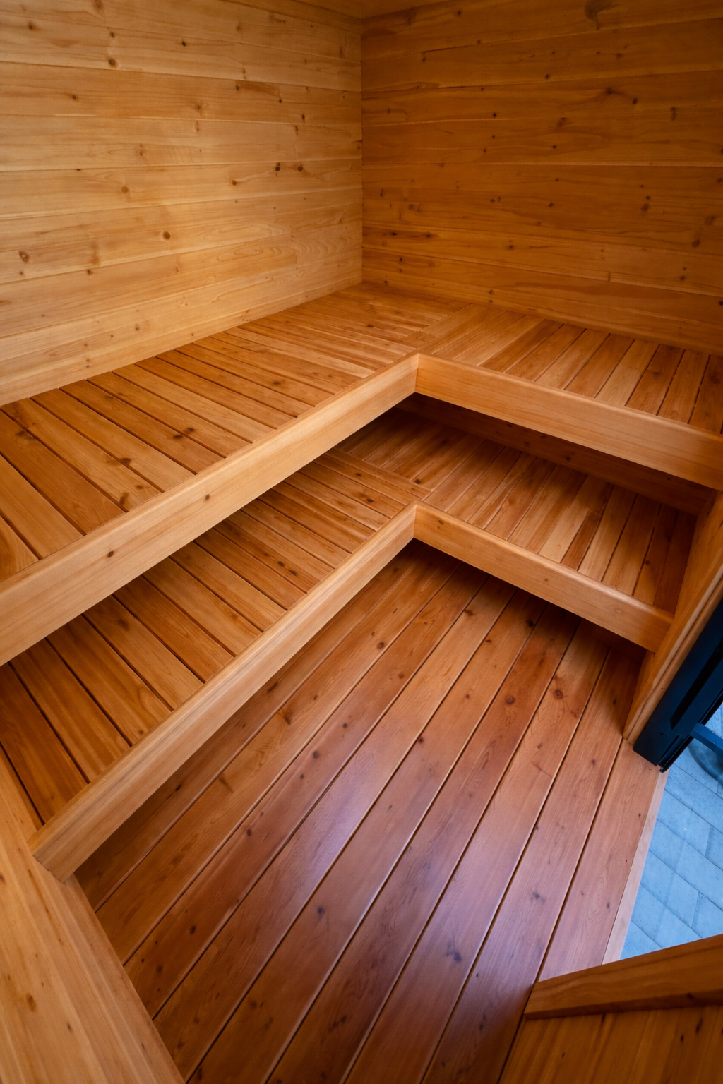 Interior of a wooden sauna with hardwood benches and walls.